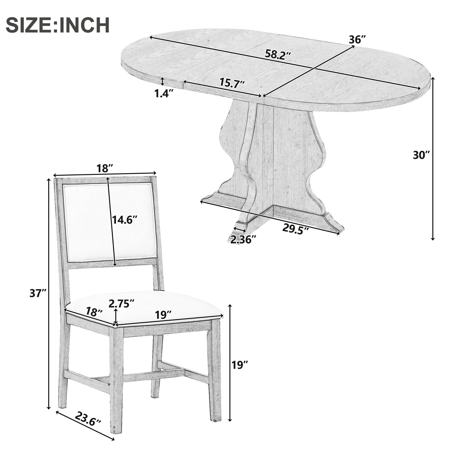 Detailed size dimensions of an oval wooden dining table and a wooden chair with cushioned seat and backrest