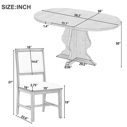 Detailed size dimensions of an oval wooden dining table and a wooden chair with cushioned seat and backrest