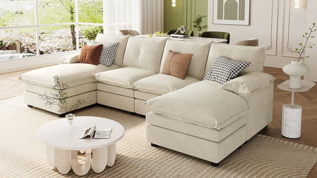Fluent Trends U-Shaped Chenille Sectional Sofa - Beige 6-Seater with Adjustable Armrests - Fluent Trends