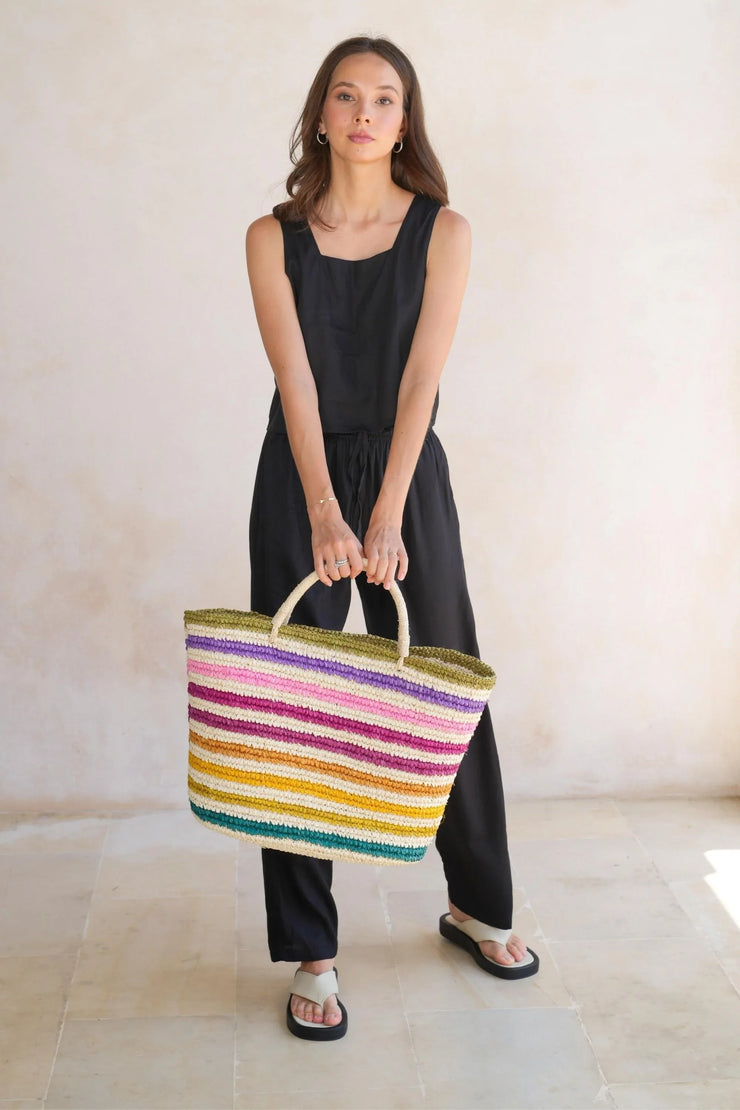 Rainbow Handwoven Color Strips Raffia Tote - Fluent Trends
