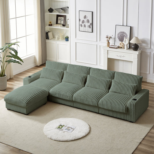 126-inch Corduroy With Cup Holder Super Large L-Shaped Sofa, Movable Footrest