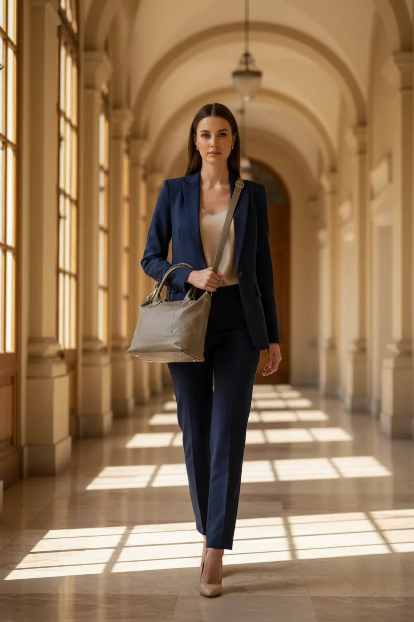 Confident woman in navy suit and beige top walking in sunlit arched hallway carrying taupe handbag