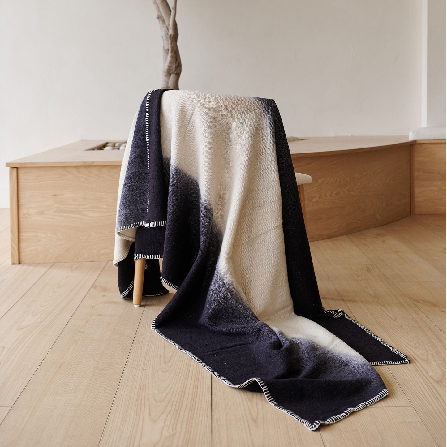 Ink Black White Ombre Textured Throw  In Hand Spun Merino And Hand Stitched Hem