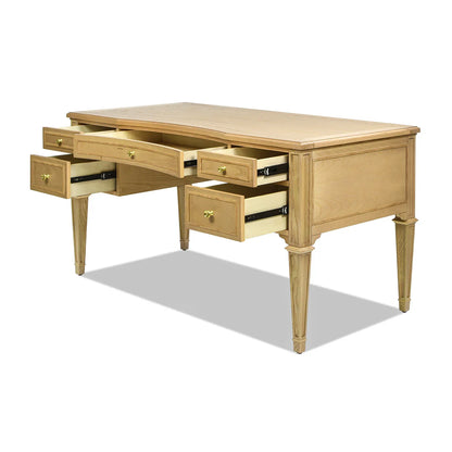 Ash wood executive desk with all five drawers fully extended to show the organized storage capacity and smooth metal glides.