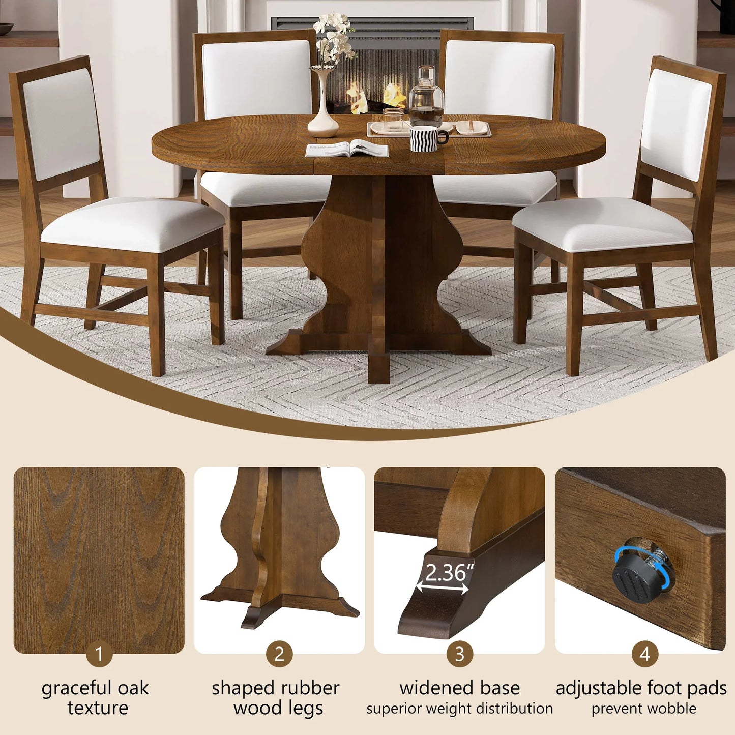 Elegant oval oak dining table with white cushioned chairs, fireplace background, and detailed wood textures