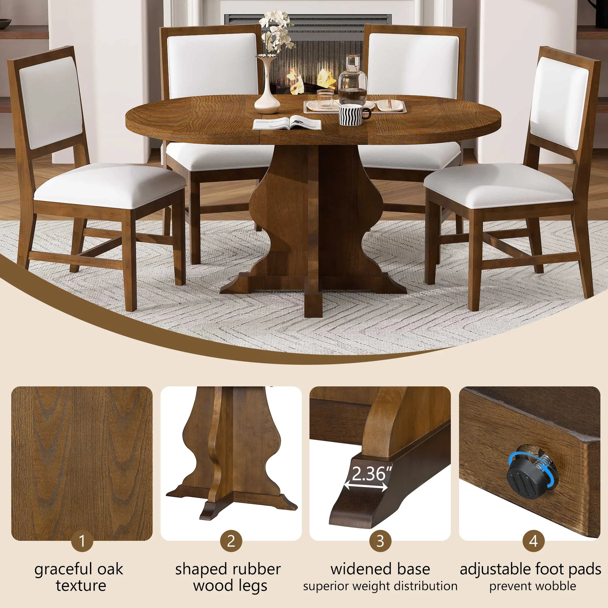 Elegant oval oak dining table with white cushioned chairs, fireplace background, and detailed wood textures