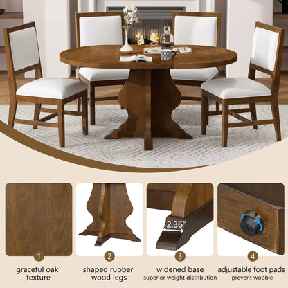 Elegant oval oak dining table with white cushioned chairs, fireplace background, and detailed wood textures