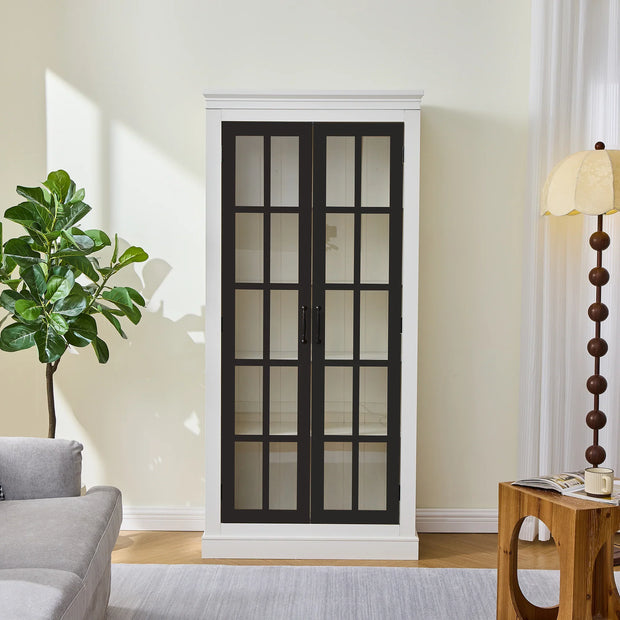 Rustic Style Display Curio Cabinet with Lattice Window Doors for Collectibles | White & Black - Fluent Trends