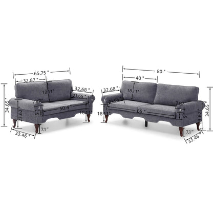 2 Piece Sofa Set with Movable Pillows, 5 Seat, Upholstered Sofa,  Gray