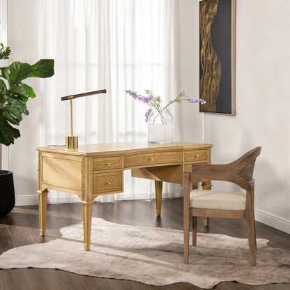 Natural brown ash wood executive desk displaying a detailed wood grain finish and premium satin-gold drawer hardware.