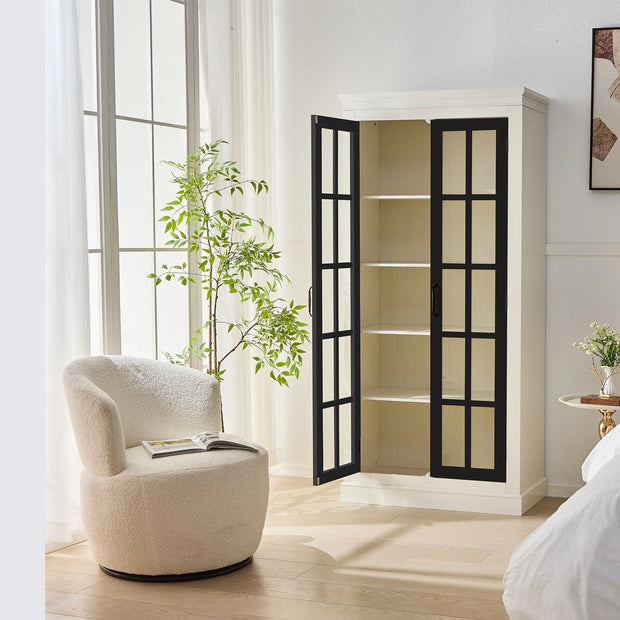 Rustic Style Display Curio Cabinet with Lattice Window Doors for Collectibles | White & Black - Fluent Trends