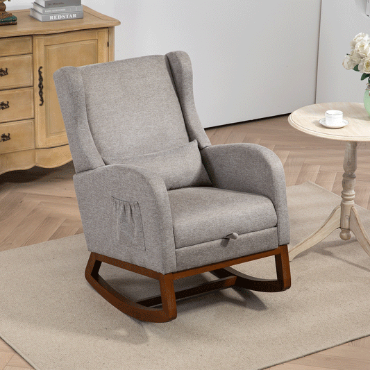 25.4'W Modern Rocking Chair for Nursery, Mid Century Accent Arm Rocker With Retractable Footrest, Side Pocket, Comfy Upholstered Wingback Wooden Glider Chair for Living Room Baby Kids Room. Taupe