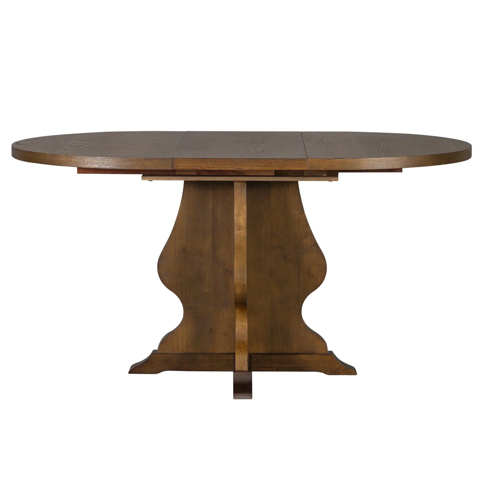 Oval wooden dining table with pedestal base in dark brown finish