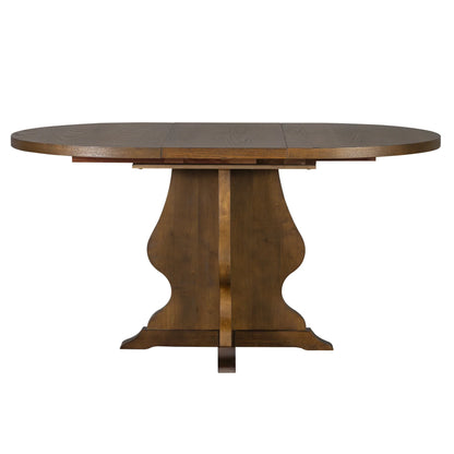 Oval wooden dining table with pedestal base in dark brown finish