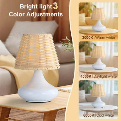 White base table lamp with woven rattan shade showing 3 light color options warm white 3000K, daylight white 4000K, cool white 6000K