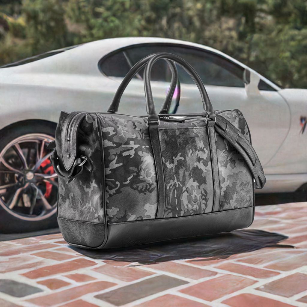 Wanderlust Leather Weekender | Grey Camo