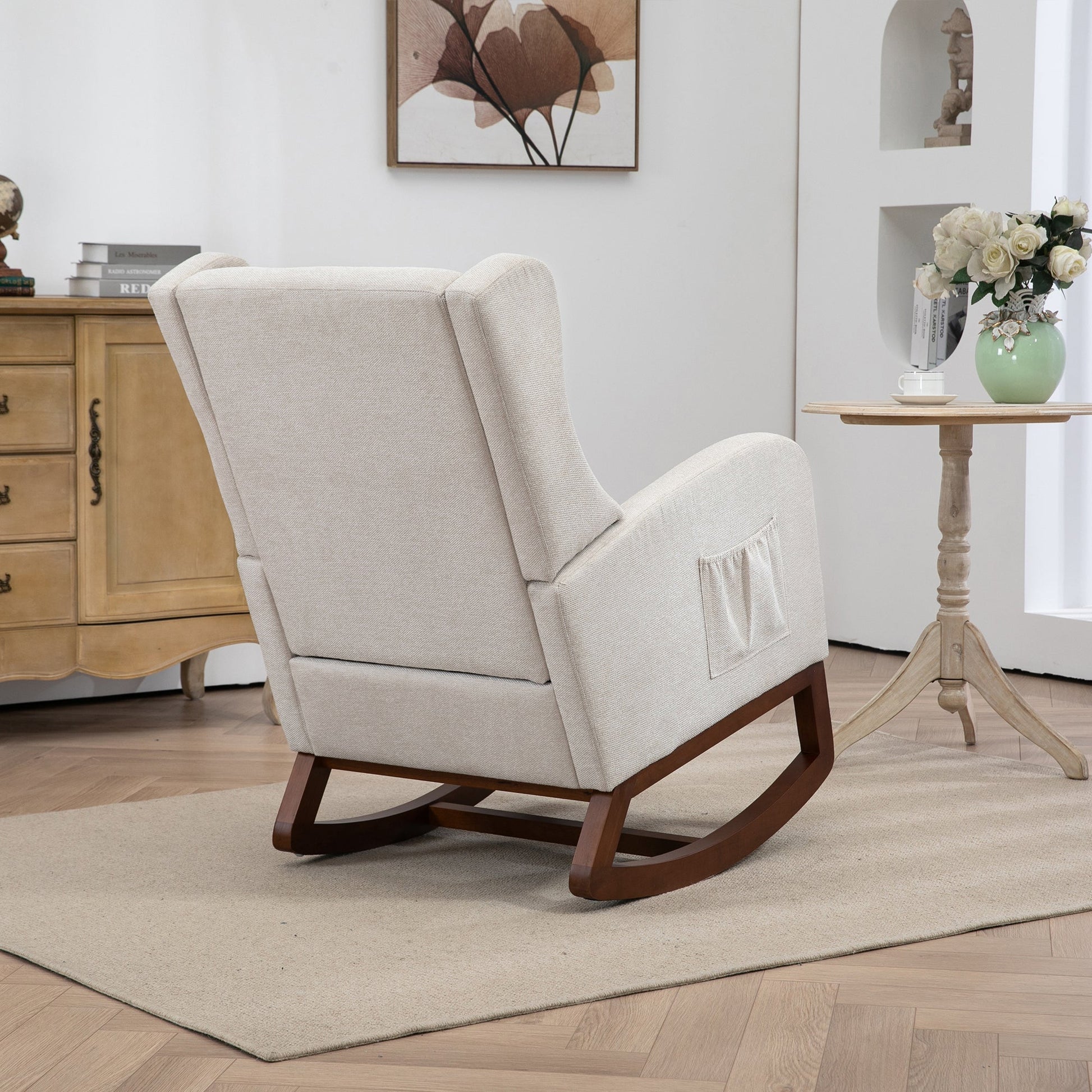 25.4'W Modern Rocking Chair for Nursery, Mid Century Accent Arm Rocker With Retractable Footrest, Side Pocket, Comfy Upholstered Wingback Wooden Glider Chair for Living Room Baby Kids Room. Beige Streamdale Furniture