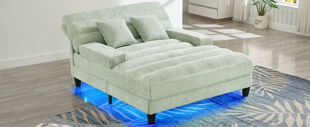 Green Chenille Chaise Lounge Sofa Bed with Adjustable Back & Smart RGB LED Lights - Fluent Trends