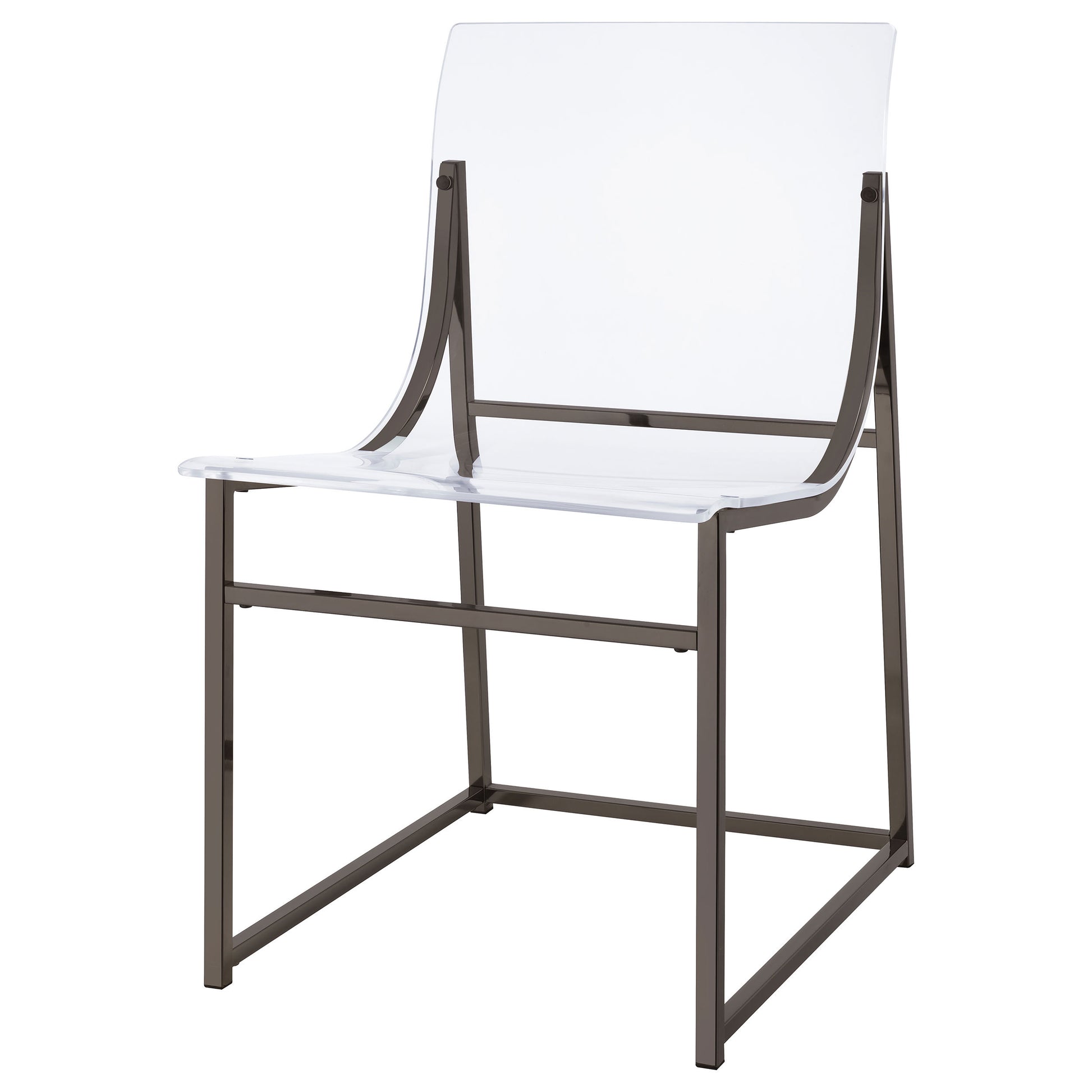 Modern clear acrylic chair with dark metal frame, transparent seat and backrest