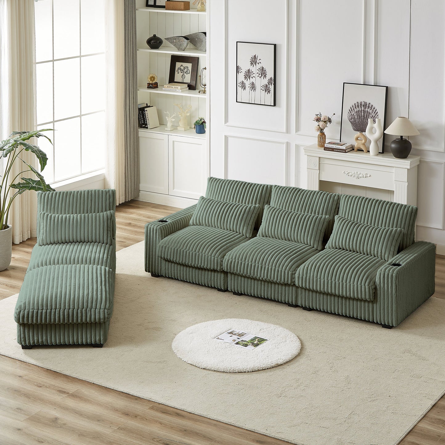 126-inch Corduroy With Cup Holder Super Large L-Shaped Sofa, Movable Footrest