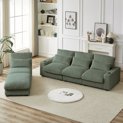 126-inch Corduroy With Cup Holder Super Large L-Shaped Sofa, Movable Footrest
