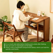 Woman writing at a brown bamboo folding desk with a bookshelf, demonstrating space-saving for home office.