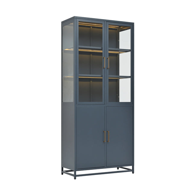 Modern Style 76.75'' Tall Steel Display Cabinet with Double Glass Doors, LED Lights, 3-Sided Glass for Collectibles - Dark Blue - Fluent Trends