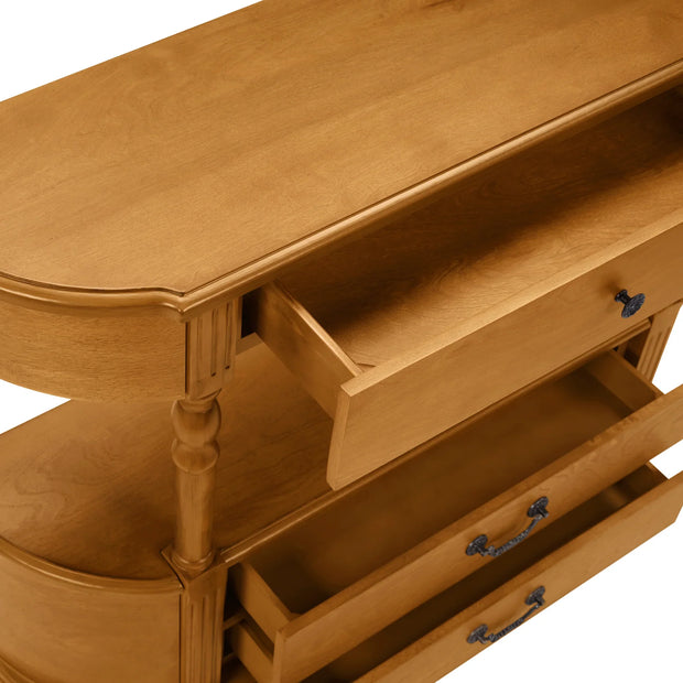 Retro Curved Wood Console Table with 3 Drawers, 43'' Entry Table with Storage Shelf, Sofa Table Behind Couch with Solid Wood Legs for Living Room Hallway, Brown - Fluent Trends