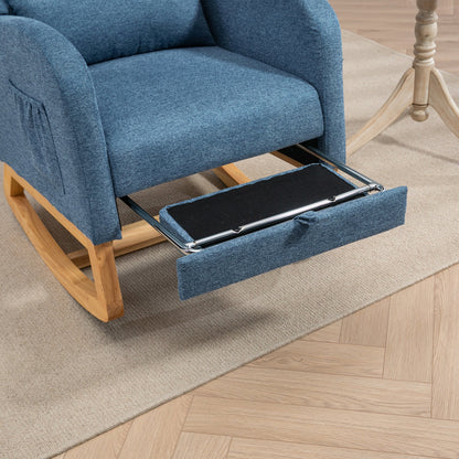 25.4'W Modern Rocking Chair for Nursery, Mid Century Accent Arm Rocker With Retractable Footrest, Side Pocket, Comfy Upholstered Wingback Wooden Glider Chair for Living Room Baby Kids Room. Blue