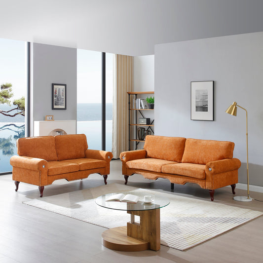 2 Piece Sofa Set with Movable Pillows, 5 Seat, Upholstered Sofa Orange