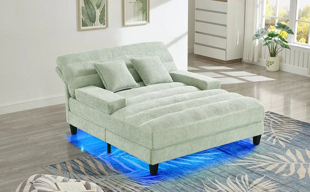 Green Chenille Chaise Lounge Sofa Bed with Adjustable Back & Smart RGB LED Lights - Fluent Trends