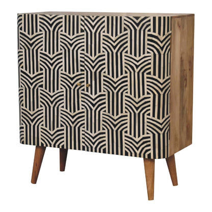 Solid Wood Bone Inlay Cabinet Edessa Design angled view mango wood side panel geometric inlay Nordic tapered legs