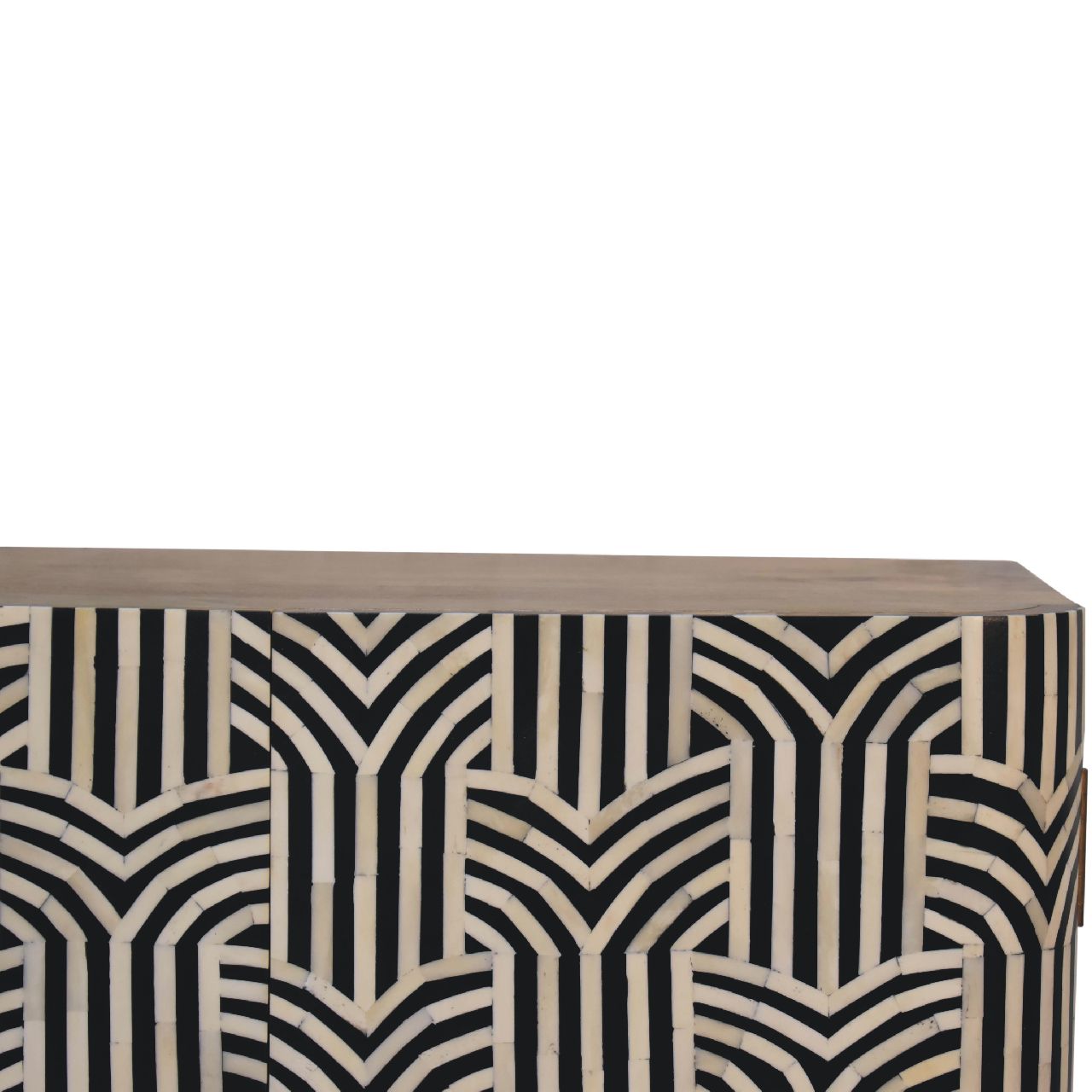 Solid Wood Bone Inlay Cabinet Edessa Design close-up geometric bone inlay doors mango wood top surface detail