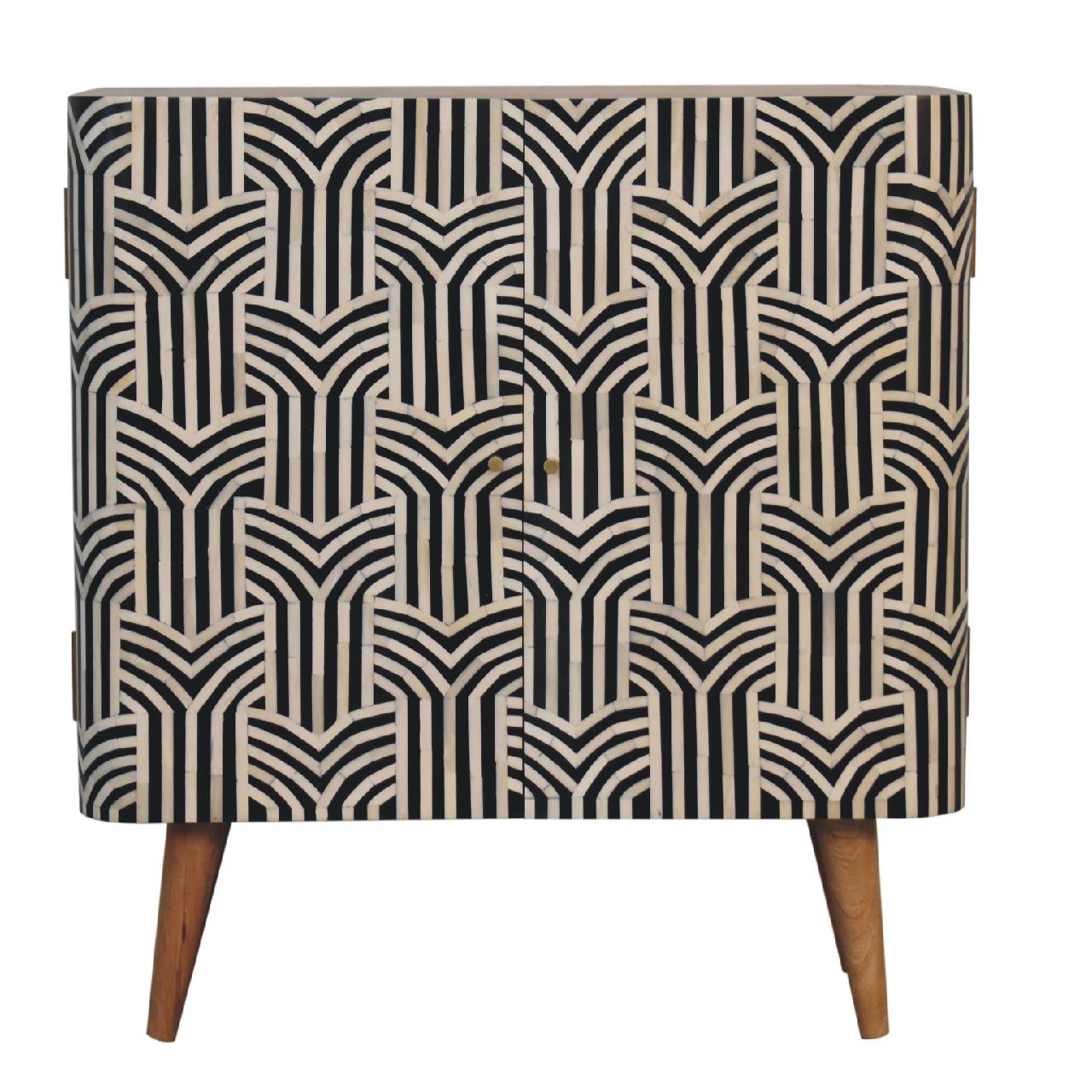 Solid Wood Bone Inlay Cabinet Edessa Design full view geometric black and white inlay Nordic legs white background