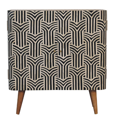 Solid Wood Bone Inlay Cabinet Edessa Design full view geometric black and white inlay Nordic legs white background