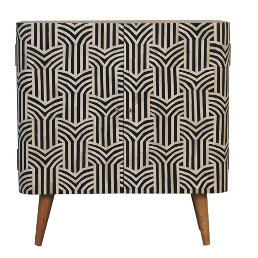 Solid Wood Bone Inlay Cabinet Edessa Design full view geometric black and white inlay Nordic legs white background