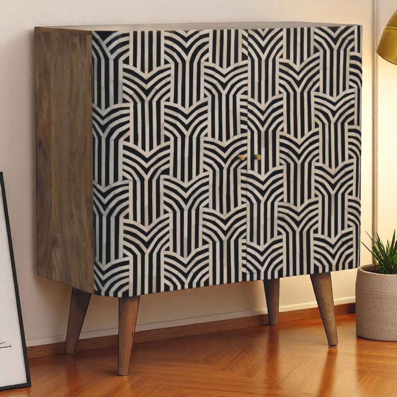 Solid Wood Bone Inlay Cabinet Edessa Design geometric black and white inlay Nordic legs brass hardware lifestyle room view

