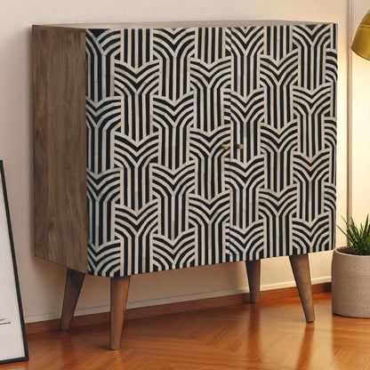 Solid Wood Bone Inlay Cabinet Edessa Design geometric black and white inlay Nordic legs brass hardware lifestyle room view

