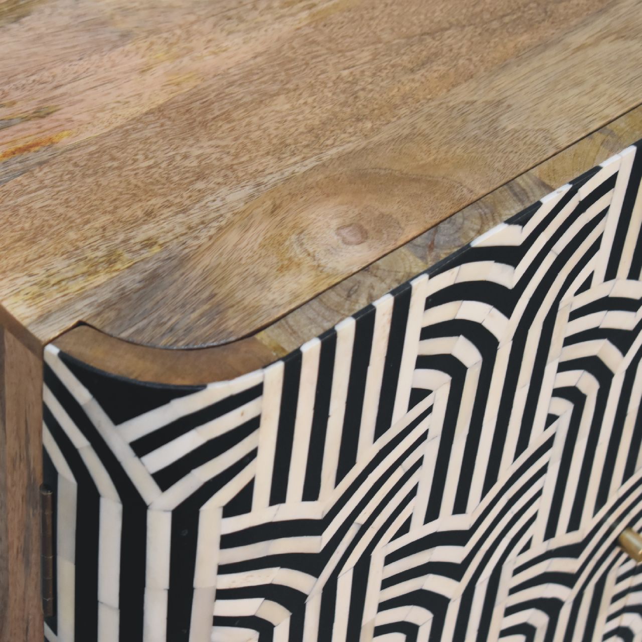 Solid Wood Bone Inlay Cabinet Edessa Design close-up geometric bone inlay pattern texture detail black and white