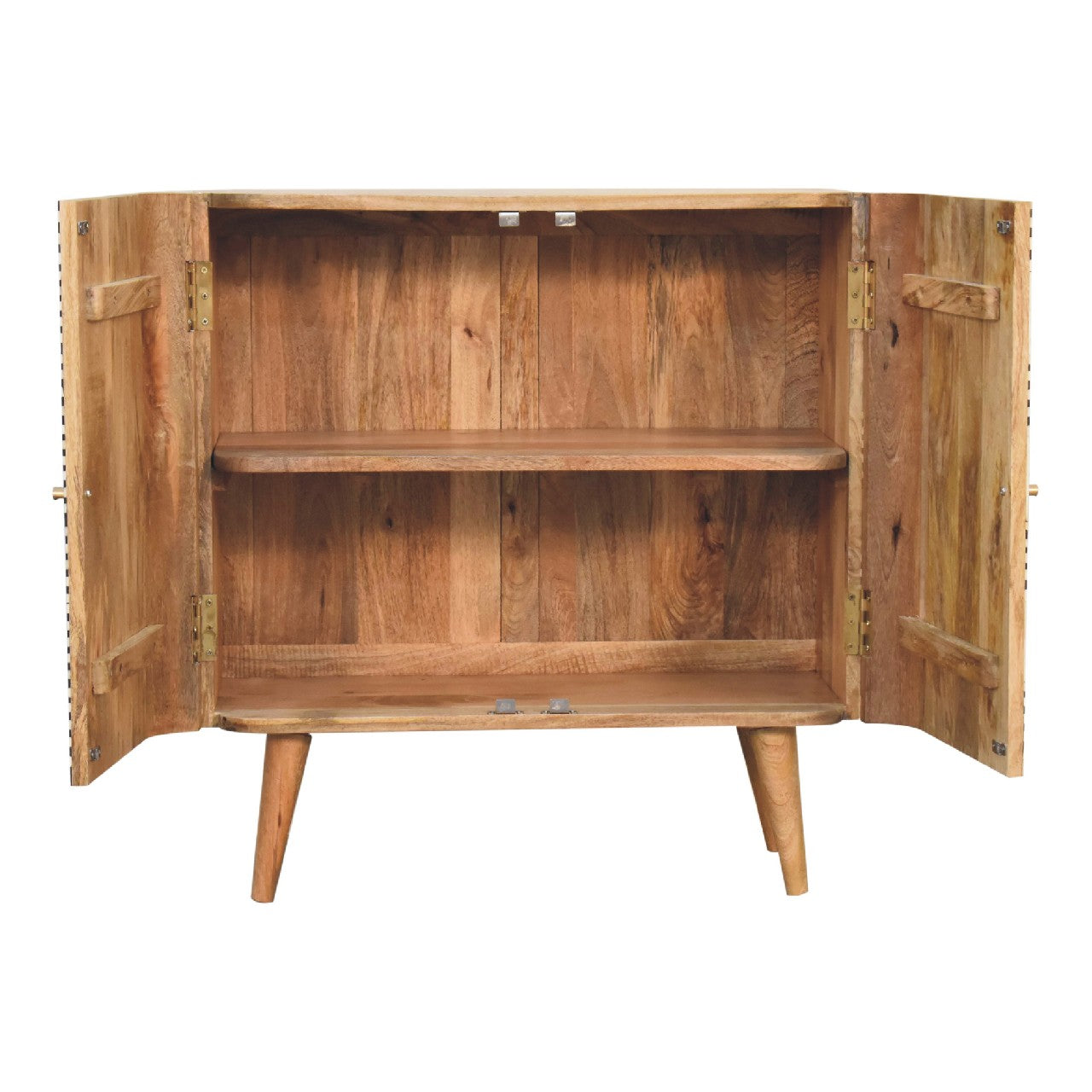 Solid Wood Edessa Bone Inlay Cabinet open interior showing two shelves mango wood storage