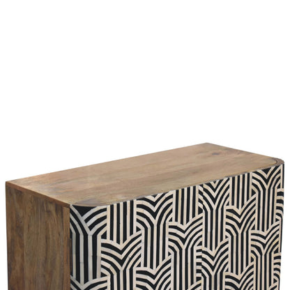 Solid Wood Bone Inlay Cabinet Edessa Design top surface mango wood grain geometric black and white inlay detail