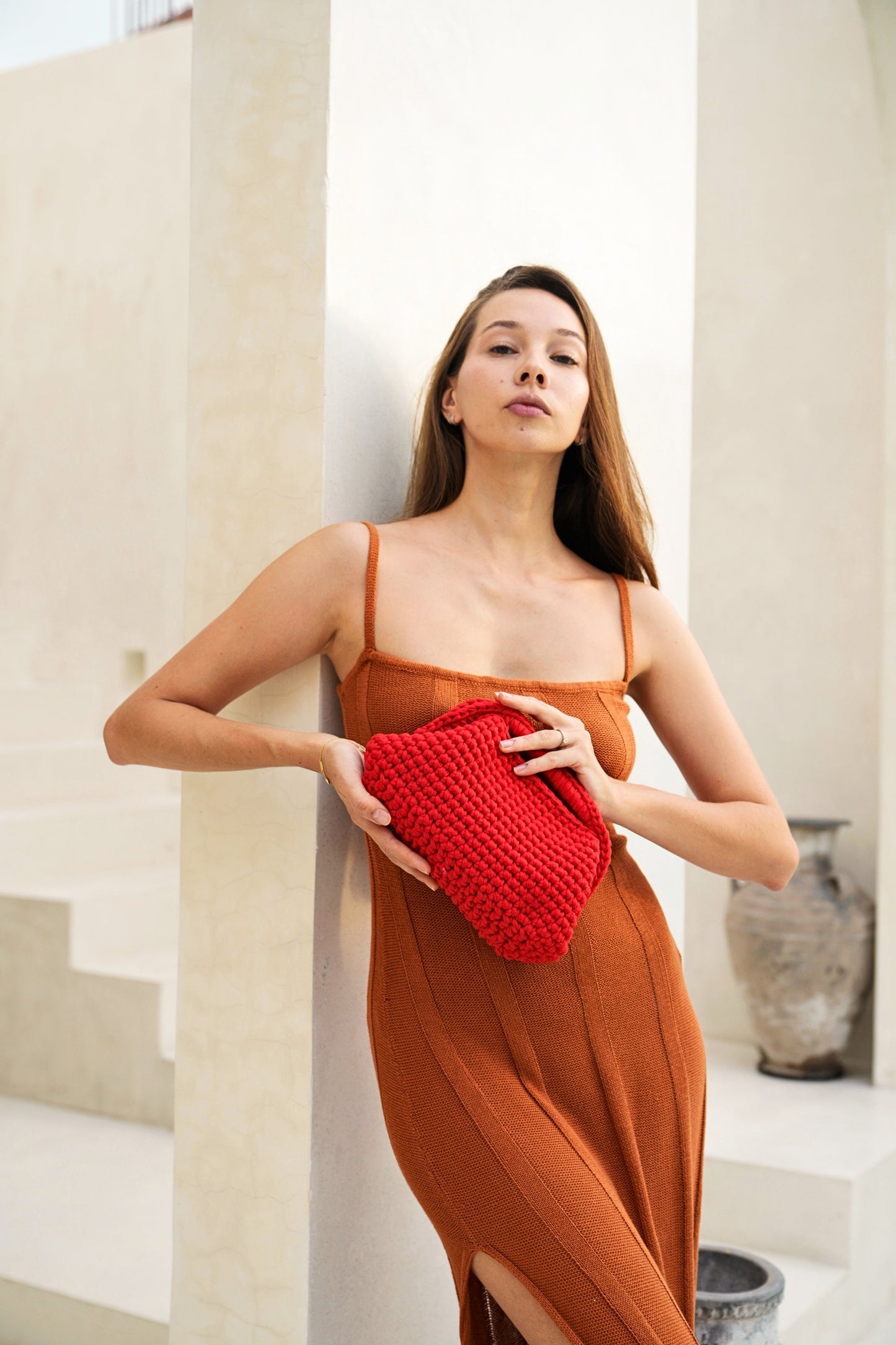 Cali Top Handle Knit Clutch in Tomato