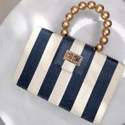 The Louisa Blue & Cream Stripe Woven Straw Clutch Bag