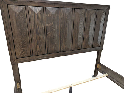 Internal structure of an espresso King bedframe showing a support slat, metal hardware, and faceted wood panel framework.