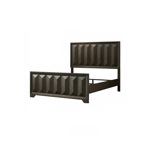 Eastern king bedframe in espresso featuring vertical faceted panels on a clean white background.