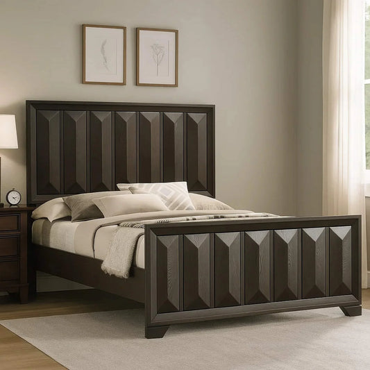 Transitional espresso king bedroom set with a vertical faceted panel headboard and matching solid wood framework