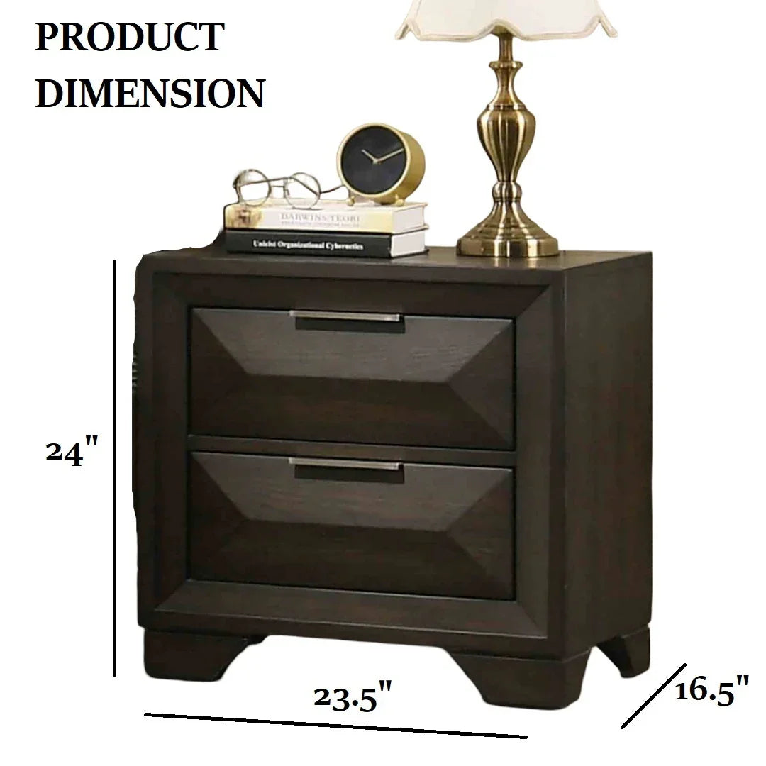 Product dimension guide for the espresso nightstand showing 24-inch height, 23.5-inch width, and 16.5-inch depth.