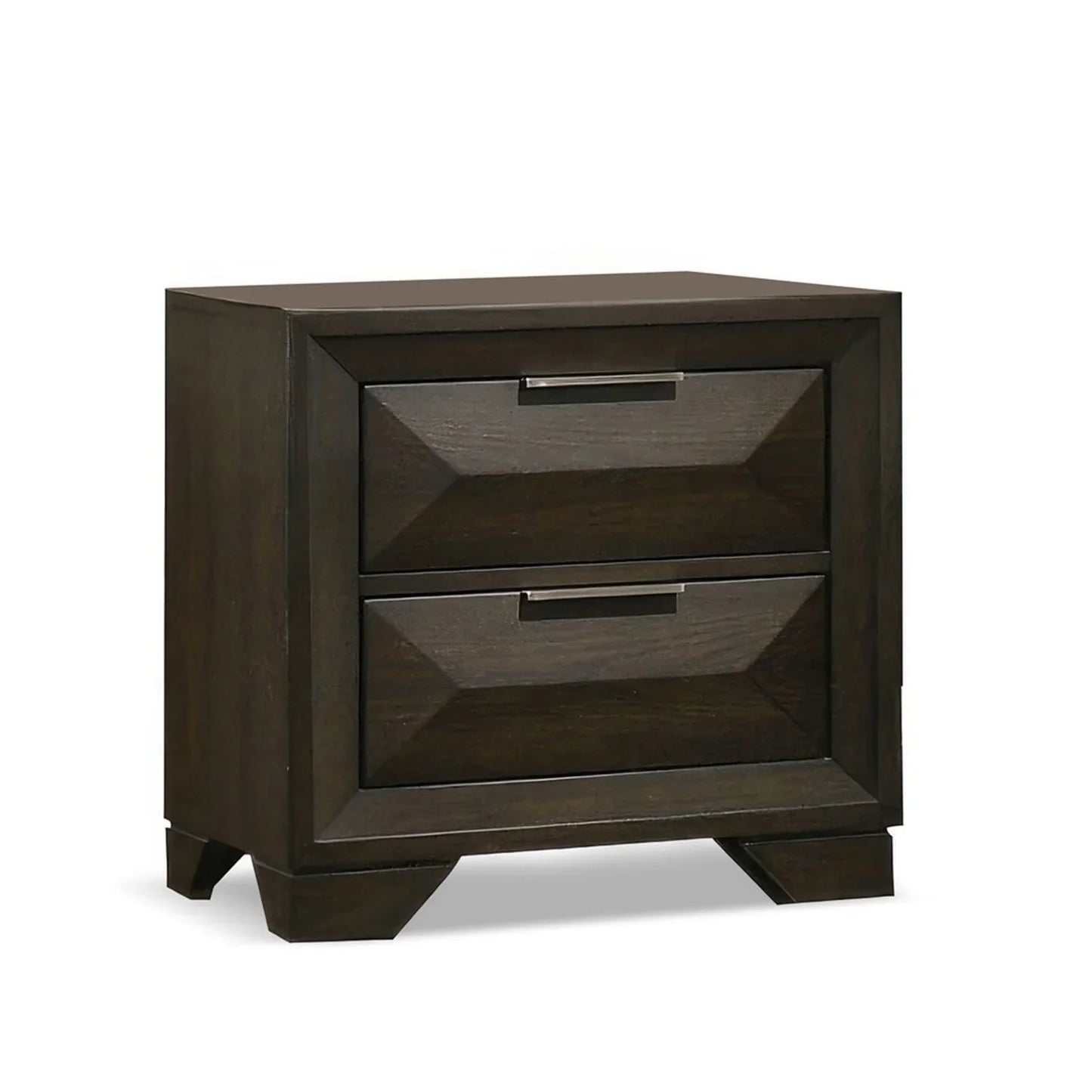 Angled view of an espresso nightstand featuring dual faceted drawers and modern metal hardware on a white background.