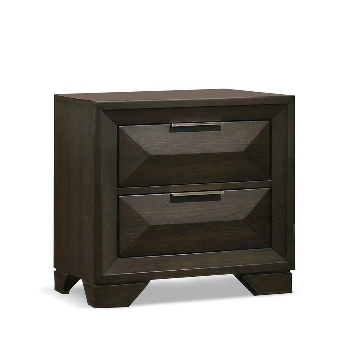 Angled view of an espresso nightstand featuring dual faceted drawers and modern metal hardware on a white background.