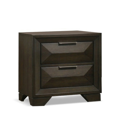 Angled view of an espresso nightstand featuring dual faceted drawers and modern metal hardware on a white background.